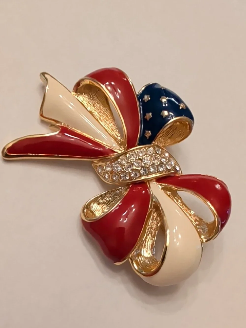 Joan Rivers Red, White & Blue Enamel Bow Brooch with Crystals
